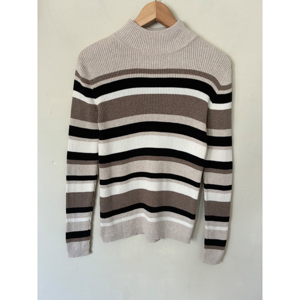 Croft & Barrow Womens Beige Brown Striped Ribbed Mock Neck Cotton Sweater Small